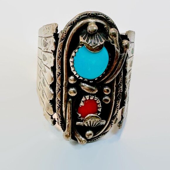Turquoise Ring, Coral, Sterling Silver, Native American, Navajo, Signed, Joe Tso - Picture 7 of 8